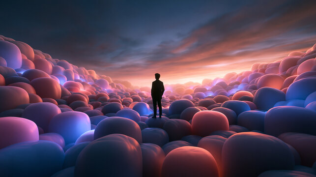 Silhouette Standing in Surreal Dreamlike Landscape at Sunset