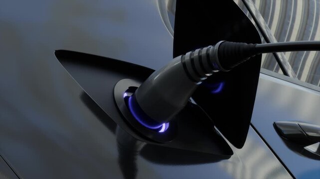 Black electric vehicle charging connector plugged into an electric car
