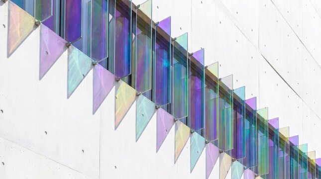 Modern Building Facade with Colorful Iridescent Glass Panels