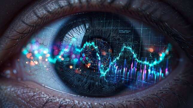 Futuristic Eye with Financial Market Data and Digital Charts