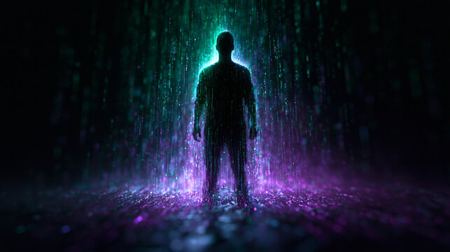 Futuristic Digital Avatar Standing in Neon Data Stream