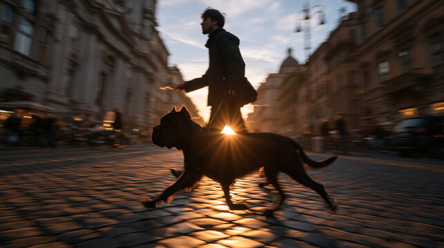 Man Walking Dog on Urban Cobblestone Street at Sunset