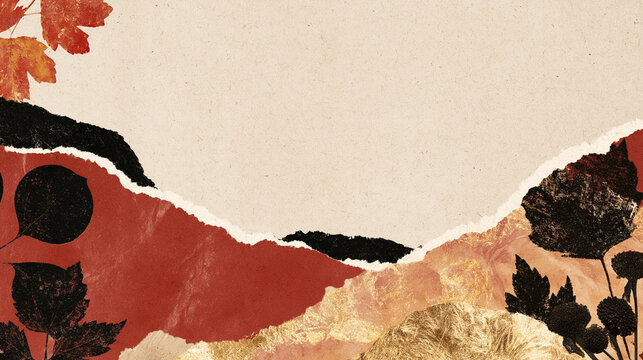 Autumn Torn Paper Collage Background with Botanical Elements