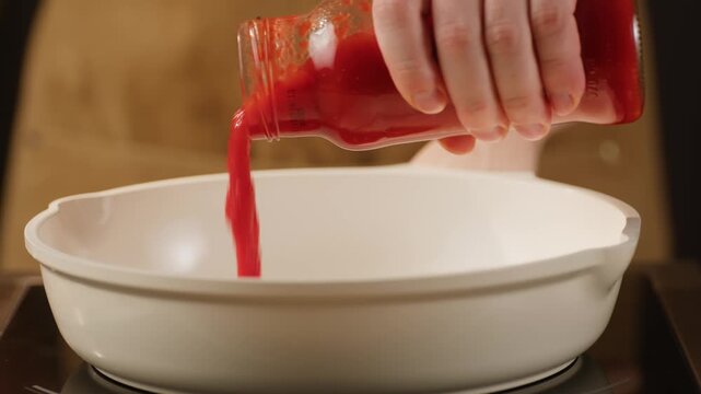 Chef pouring tomato paste into pan cooking pasta sauce Italian cuisine close up