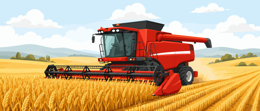 Red combine harvester working in a golden wheat field under a cloudy sky