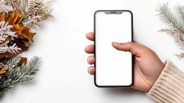 Smartphone with blank white screen held upright beside frosted evergreen branches and pinecones on white background