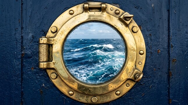 Brass porthole window looking out at a stormy ocean horizon