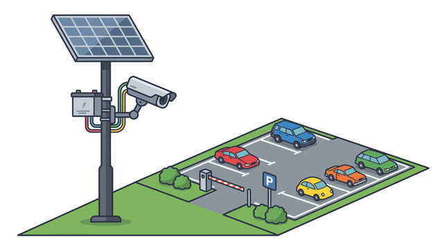 Isometric illustration of a parking lot monitored by a solar powered security camera system.