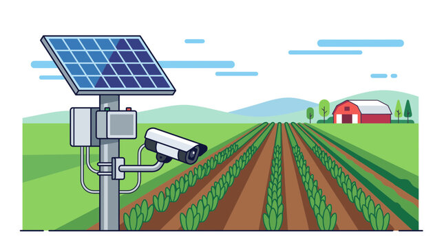Smart farming illustration with solar panel and security camera in a vegetable field.
