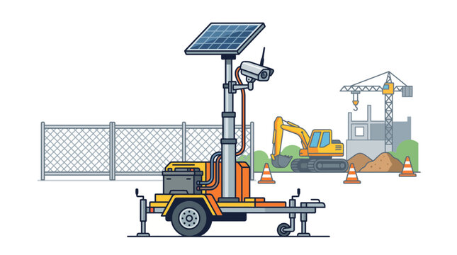 Portable solar powered security camera trailer on a construction site.