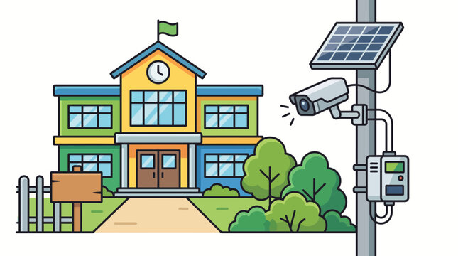 Illustration of a school building with a solar powered security camera system installed outside.