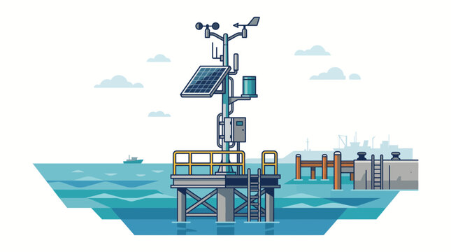 A vector illustration of a marine weather station monitoring platform located on a pier.