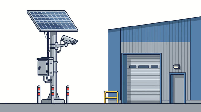 Solar powered security camera system installed outside a warehouse building.