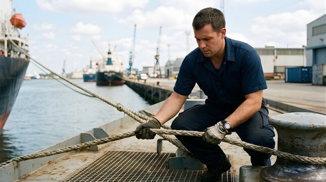 Dock worker securing mooring rope to bollard at industrial shipping port