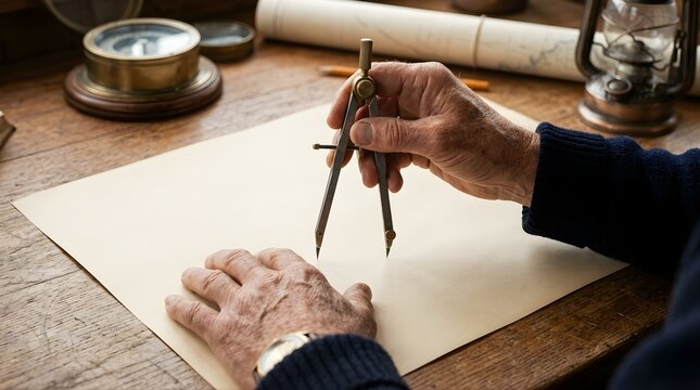 Elderly person using a metal drafting compass on paper at a wooden desk