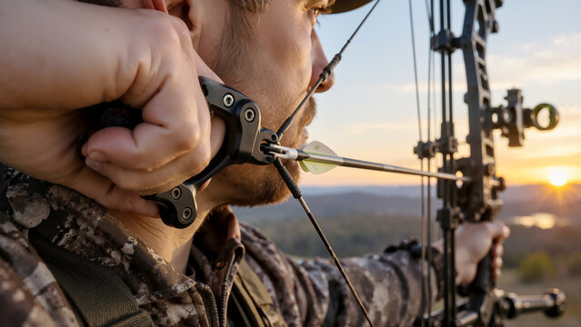 Close-up of Hunter at Full Draw Aiming Compound Bow with Handheld Release Aid in Camouflage Gear at Sunset