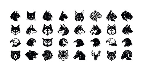 Obraz premium Collection of diverse animal head silhouettes in black and white