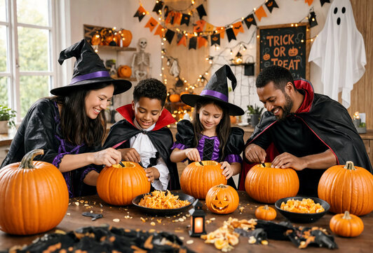 Halloween family costumes children and parents portrait celebrating indoors