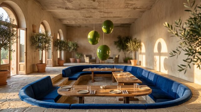Suspended olives transform a Mediterranean dining lounge