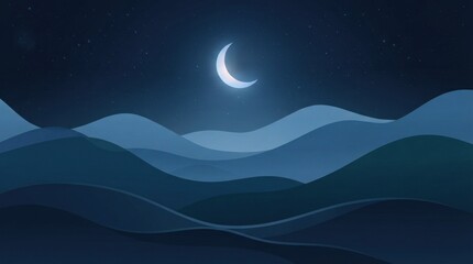 Fototapeta premium Dark blue abstract dunes featuring bright moon and stars.