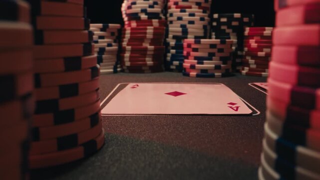 Casino player, Game of poker in casino, taking place with poker chips and cards on a green table betting chips, gambling place, roulette jack pot. All in bet game. 