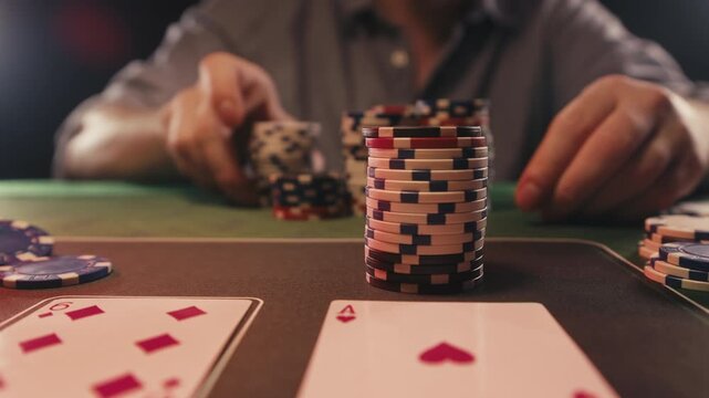 Casino player, Game of poker in casino, taking place with poker chips and cards on a green table betting chips, gambling place, roulette jack pot. All in bet game. 