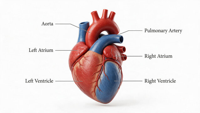 Anatomical human heart showing chambers and major blood vessels in 3d render isolated.