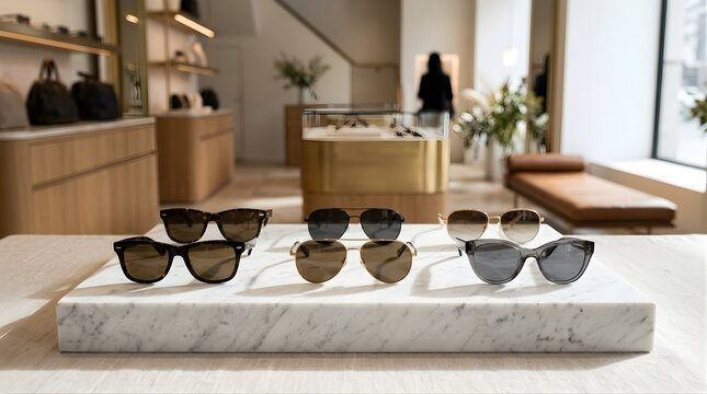 Designer sunglasses displayed on marble counter inside luxury shop