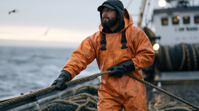 Norwegian fisherman in weathered orange float suit hauling a rope on the rain-soaked deck of a commercial trawler, coiled nets behind him, seabirds circling low and deep ocean