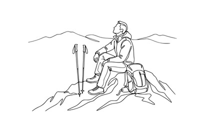 Fototapeta premium Hiker with Backpack Sitting on Mountain Summit Continuous Line Vector