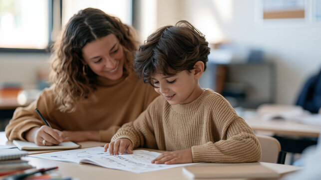 Turkish schoolboy sounding out syllables from a printed decodable reader aloud at his desk while the teacher listens and notes his progress, oral reading fluency assessment,