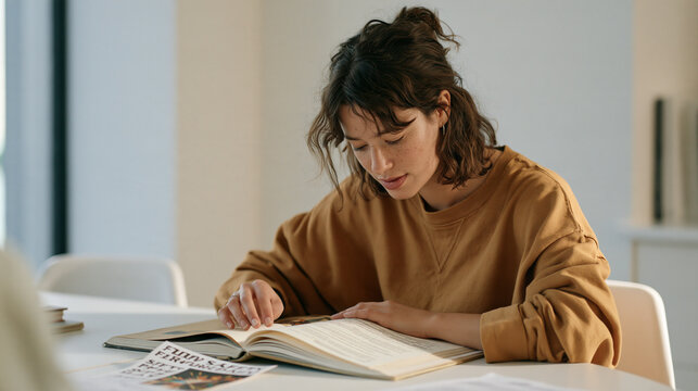 Language tutor leaning close to smell a musty old textbook for mold in a sterile white teaching studio, a wide shot revealing bare walls and two chairs, a Guy Fawkes Day leftover