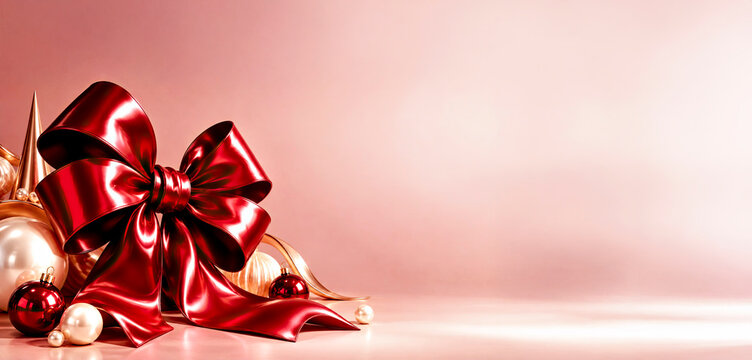 Luxury Red Satin Bow with Gold Christmas Ornaments and Pearls on Soft Pink Background with Large Copy Space
