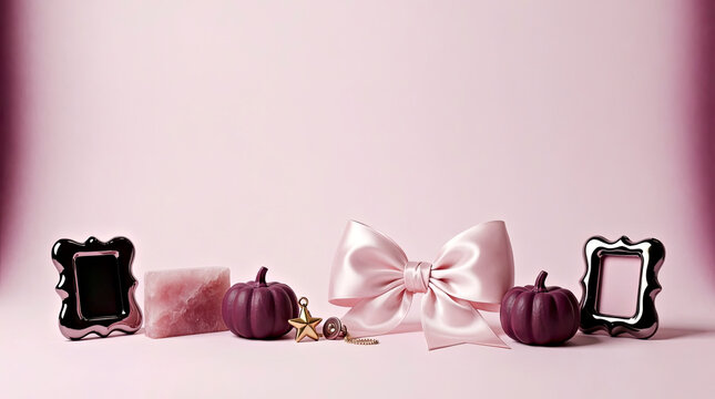 Coquette Halloween Background with Pink Satin Bow, Purple Pumpkins and Vintage Frames with Large Copy Space for Retail Design