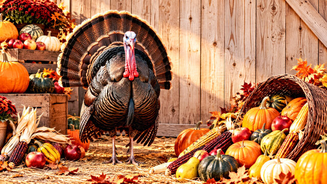 Turkey Standing Among Pumpkins, Apples and Corn in Rustic Harvest Barn Scene for Thanksgiving and Autumn Celebration