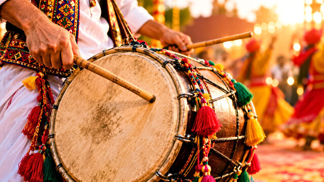 Indian Dhol Drummer Playing Traditional Music at Navratri Garba Festival with Colorful Dancers and Warm Festive Lights