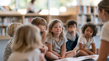 Fototapeta premium A group of five-year-olds in a library storytime corner listening to a librarian holding up a puppet while narrating a story, early literacy imaginative engagement, group learning