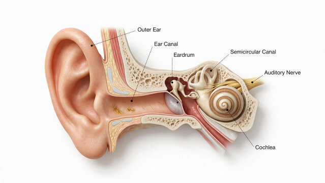Anatomical cross section diagram of human ear showing outer ear canal and inner cochlea.