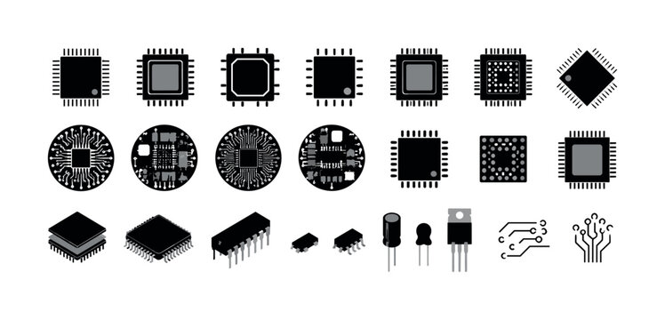Collection of various electronic microchip and circuit board components
