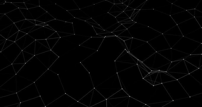 A low-altitude flight over a dark perspective plexus terrain with glowing white points. Interconnected web lines shift dynamically toward the distant horizon.