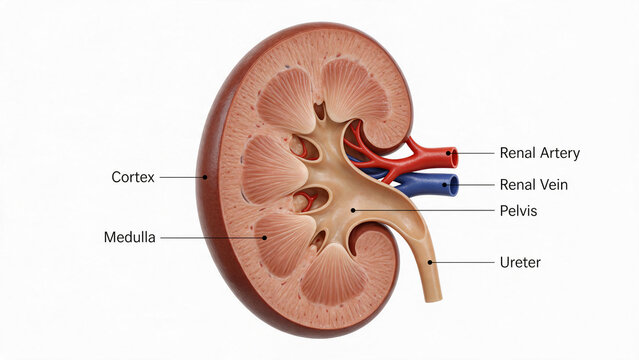 Cutaway view of human kidney anatomy displaying cortex medulla renal pelvis and ureter.