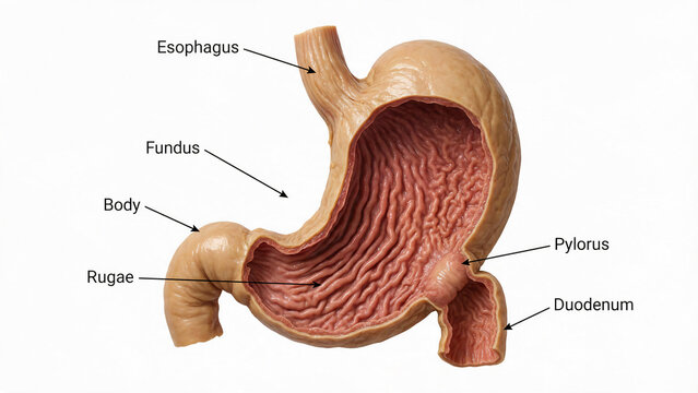 Internal view of human stomach anatomy showing rugae folds esophagus and duodenum parts.