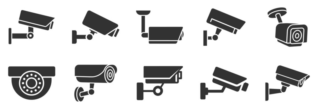 Security camera icon set with dome and bullet surveillance cameras on transparent background