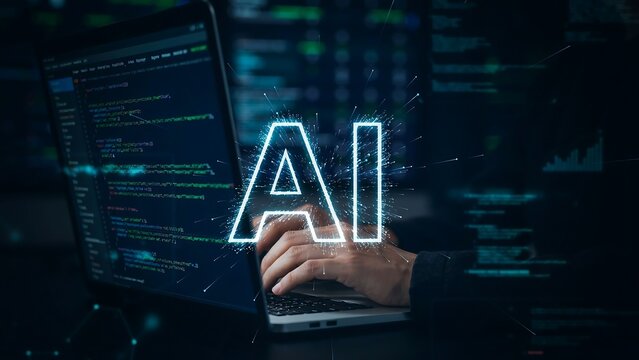 Neon ai text glowing over a computer programmer working on complex software code in a dark office