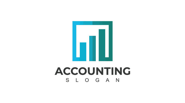 Modern accounting logo featuring blue bar chart graphics inside square frame for professional business branding