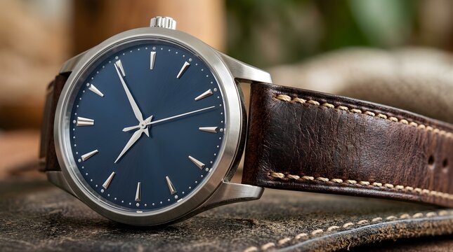 Elegant men's wristwatch with blue dial and brown leather strap