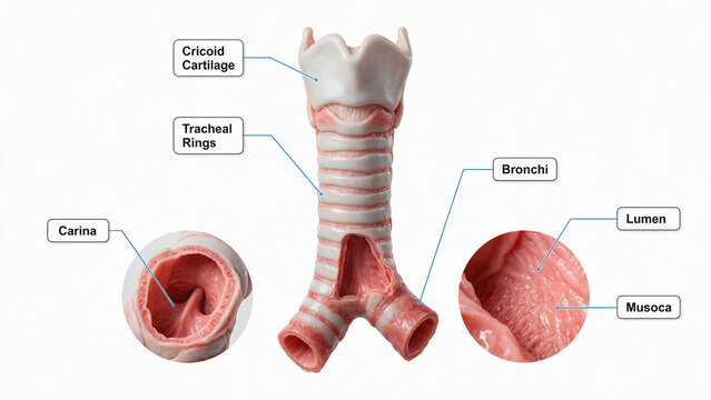 Respiratory system airway anatomy showing trachea carina bronchi and inner mucosa view.