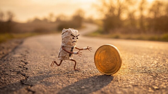 Crumpled paper character running away from coin on road, financial loss metaphor, money problems concept, hard times illustration, selective focus outdoor background