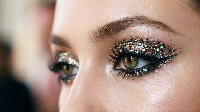 Extreme close up of woman eyes with glitter makeup for festival look
