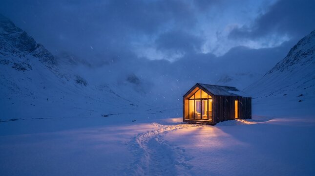 Cozy wooden cabin with glowing windows in snowy mountains at dusk, isolated winter retreat in the wilderness, snowy landscape, cabin in the woods